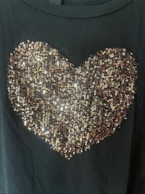 Black Long Sleeve Tee with Gold Sequin Heart Detail made in Italy